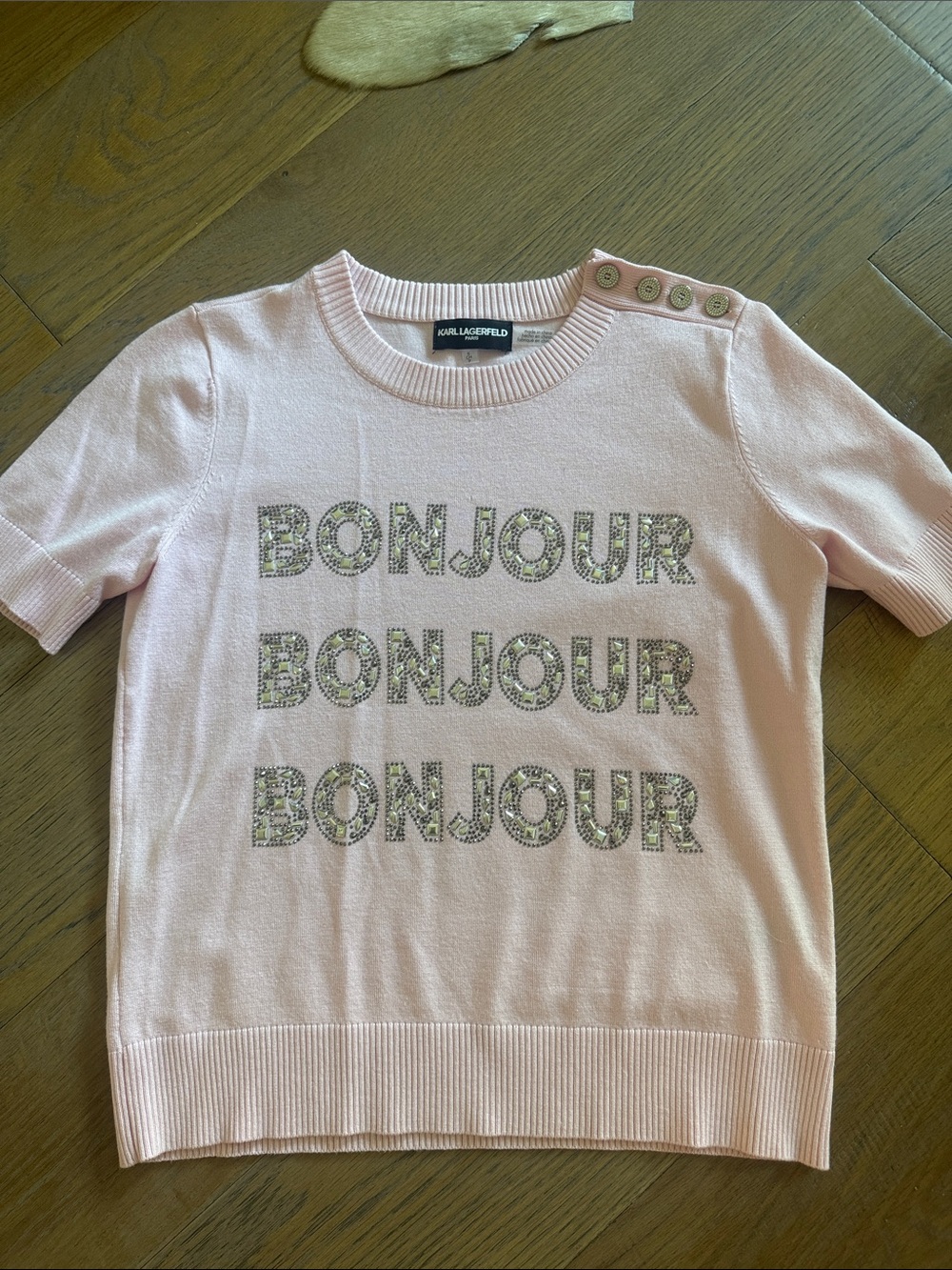 Karl Lagerfeld Light Pink 'Bonjour' Short Sleeve Knit Top